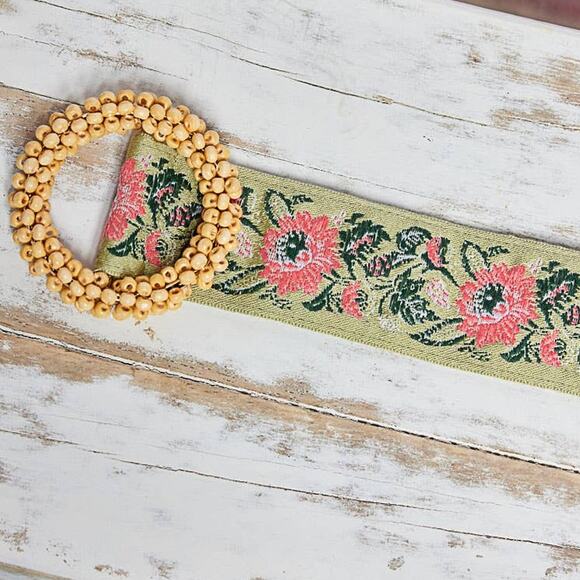 Pol Clothing Accessories - Beaded Round Buckle Floral Belt Sage Pink